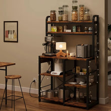 Load image into Gallery viewer, Bakers Rack with Power Outlet, Coffee Bar with Wire Drawer, Microwave Stand, and Kitchen Buffet Table
