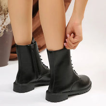 Load image into Gallery viewer, Black Leather Ankle Combat Boots with Thick Platform Bottoms
