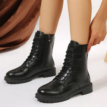 Load image into Gallery viewer, Black Leather Ankle Combat Boots with Thick Platform Bottoms
