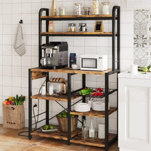 Load image into Gallery viewer, Bakers Rack with Power Outlet, Coffee Bar with Wire Drawer, Microwave Stand, and Kitchen Buffet Table
