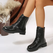 Load image into Gallery viewer, Black Leather Ankle Combat Boots with Thick Platform Bottoms
