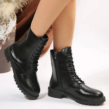 Load image into Gallery viewer, Black Leather Ankle Combat Boots with Thick Platform Bottoms
