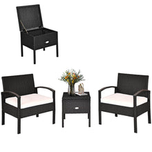 Load image into Gallery viewer, 3PCS Patio Rattan Furniture Set Storage Table Cushioned Sofa Black
