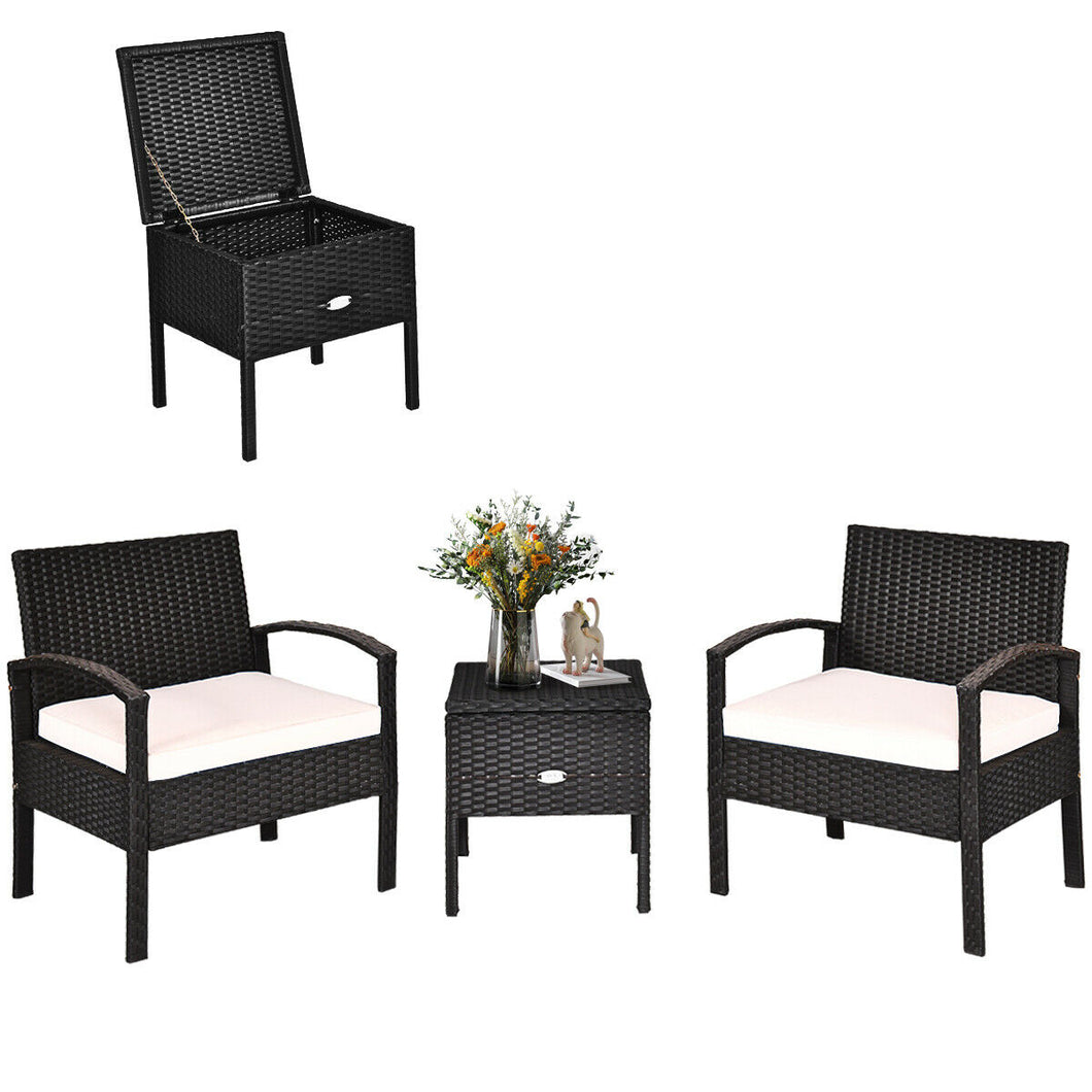 3PCS Patio Rattan Furniture Set Storage Table Cushioned Sofa Black