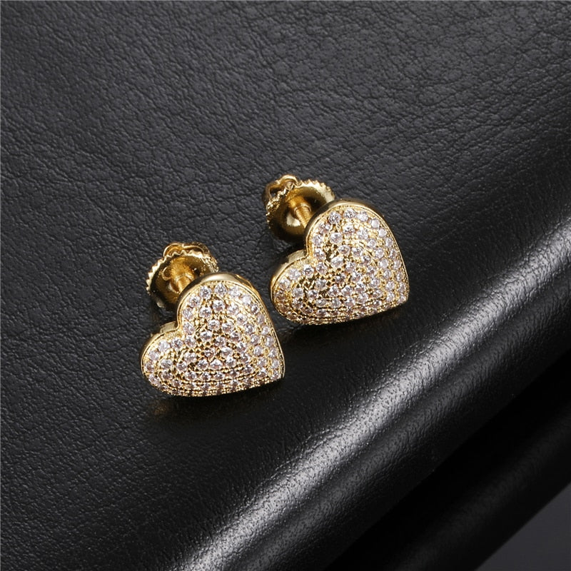 1Pair Heart Shape Pave Rhinestone CZ Stone Ice Out Stud Earring Bling Copper For Women Jewelry