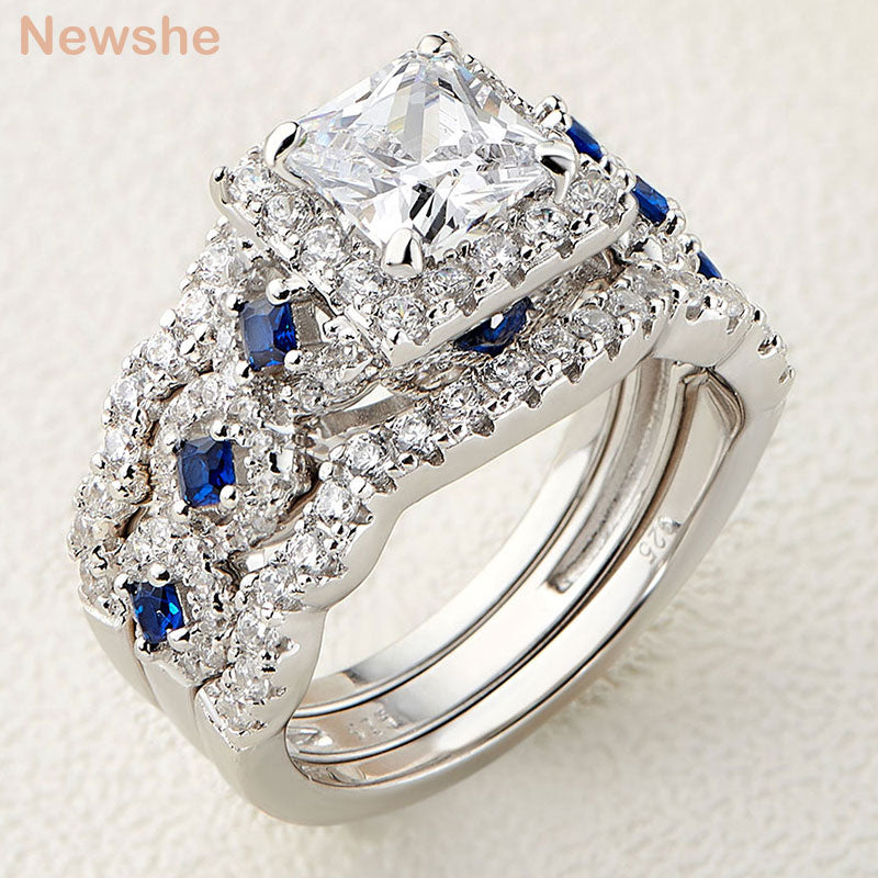 3 Pcs Newshe Wedding Rings Set for Women 925 Silver 2.6Ct Princess Cut White Blue AAAAA CZ Engagement Ring