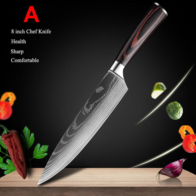 Japanese Kitchen Knife Set Laser Damascus Pattern Sharp Cleaver, Slicing, and Utility Cutlery