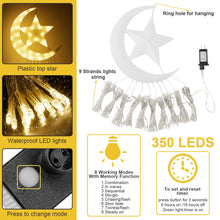 Load image into Gallery viewer, 8 Modes Timer 350 LED Waterfall Christmas Tree Lights with Topper Moon Star Outdoor Fairy String
