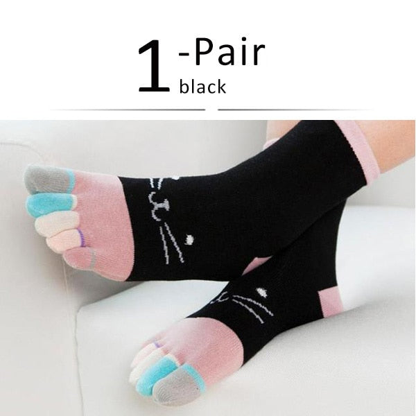 1 Pairs Pure Cotton Women Five Finger Short Colorful Cat Socks with Breathable Toes 