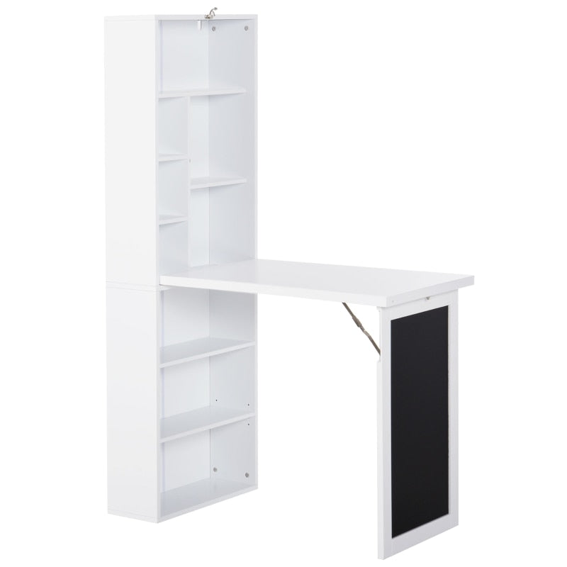 Wall Mounted Foldable Desk, Cabinet Workstation with Blackboard and Side Shelves