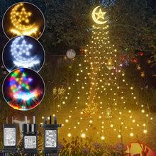 Load image into Gallery viewer, 8 Modes Timer 350 LED Waterfall Christmas Tree Lights with Topper Moon Star Outdoor Fairy String
